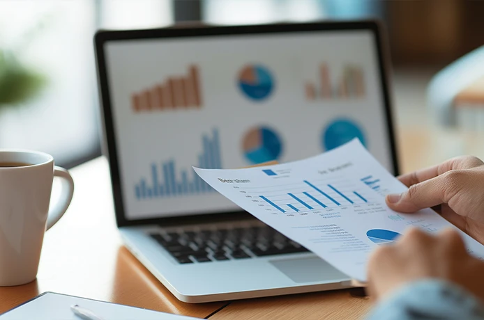 close up of persons hands holding financial paperwork in front of their laptop annuity for retirement